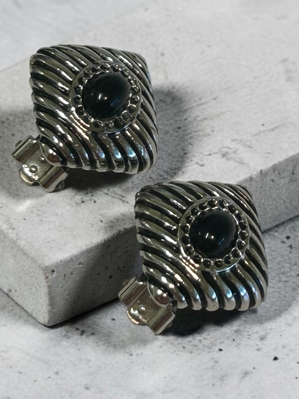 Vintage Silver Tone Dark Stone Clip Earrings